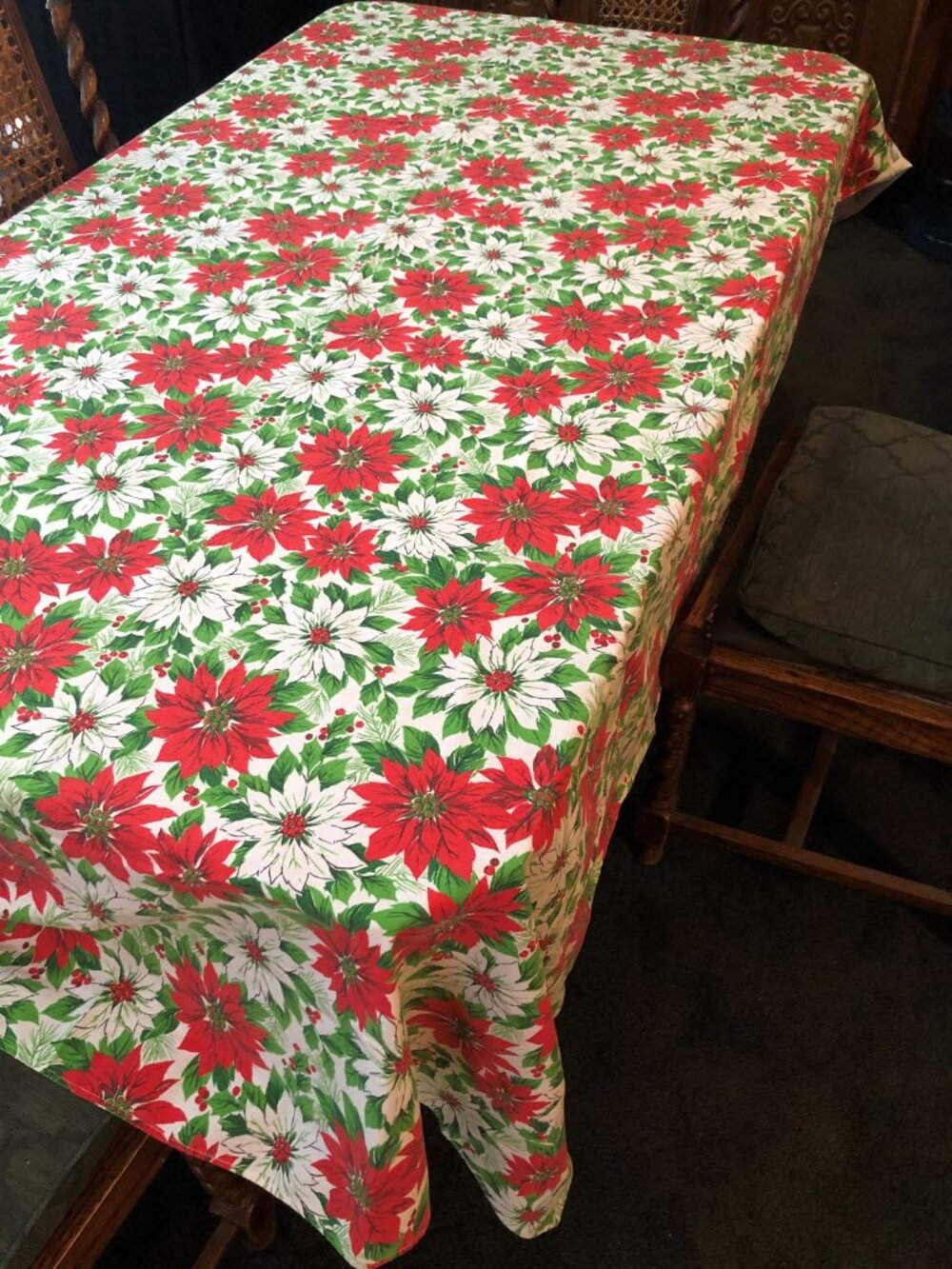 Vintage Christmas Poinsettia Large Tablecloth or Fabric  59x82